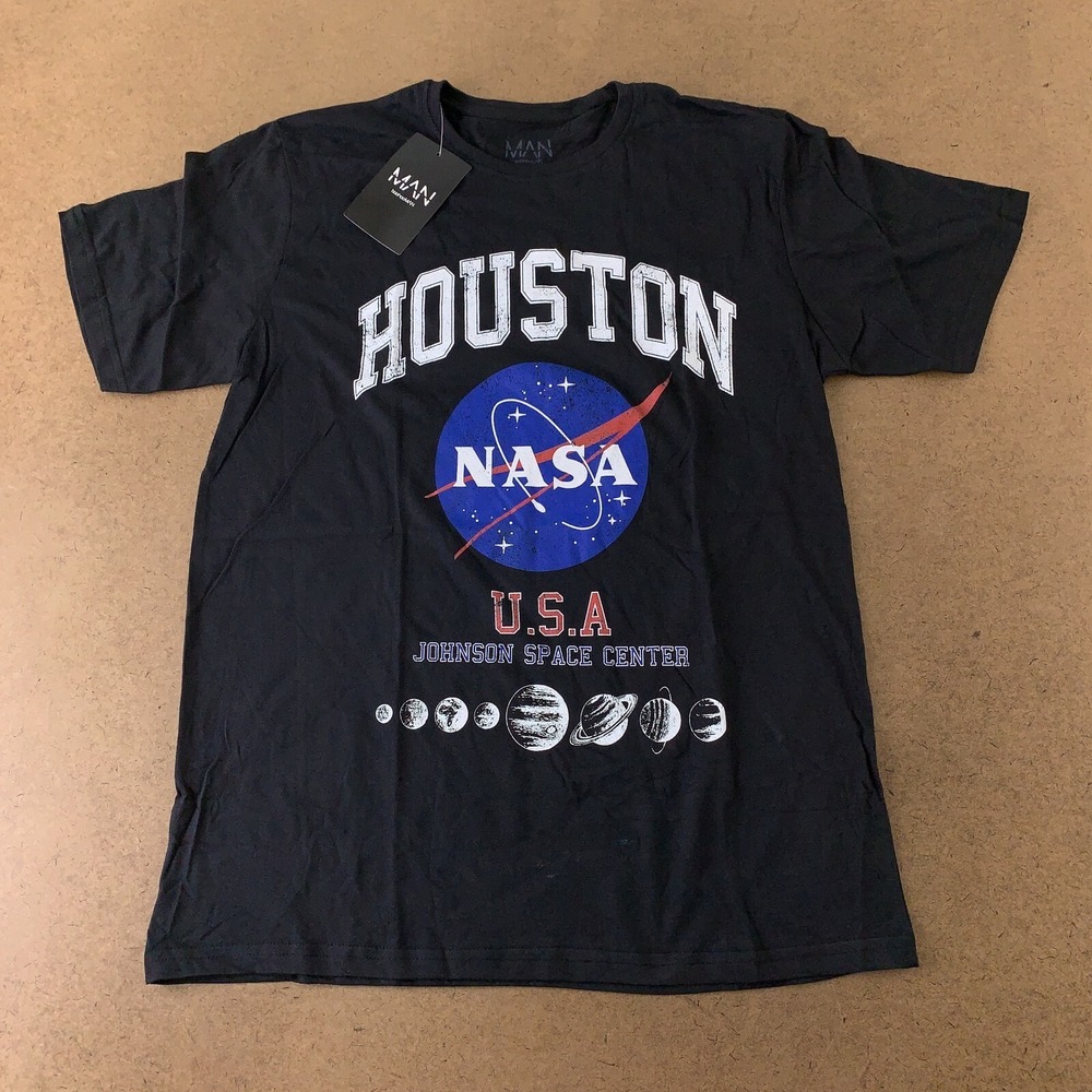 Boohoo Man Size Small Black NASA Houston USA Graphic Short Sleeve T-Shirt NWT